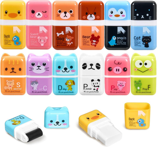 Sooez 12 Pack Pencil Erasers, Cute Animal Eraser with Clean Up Roller