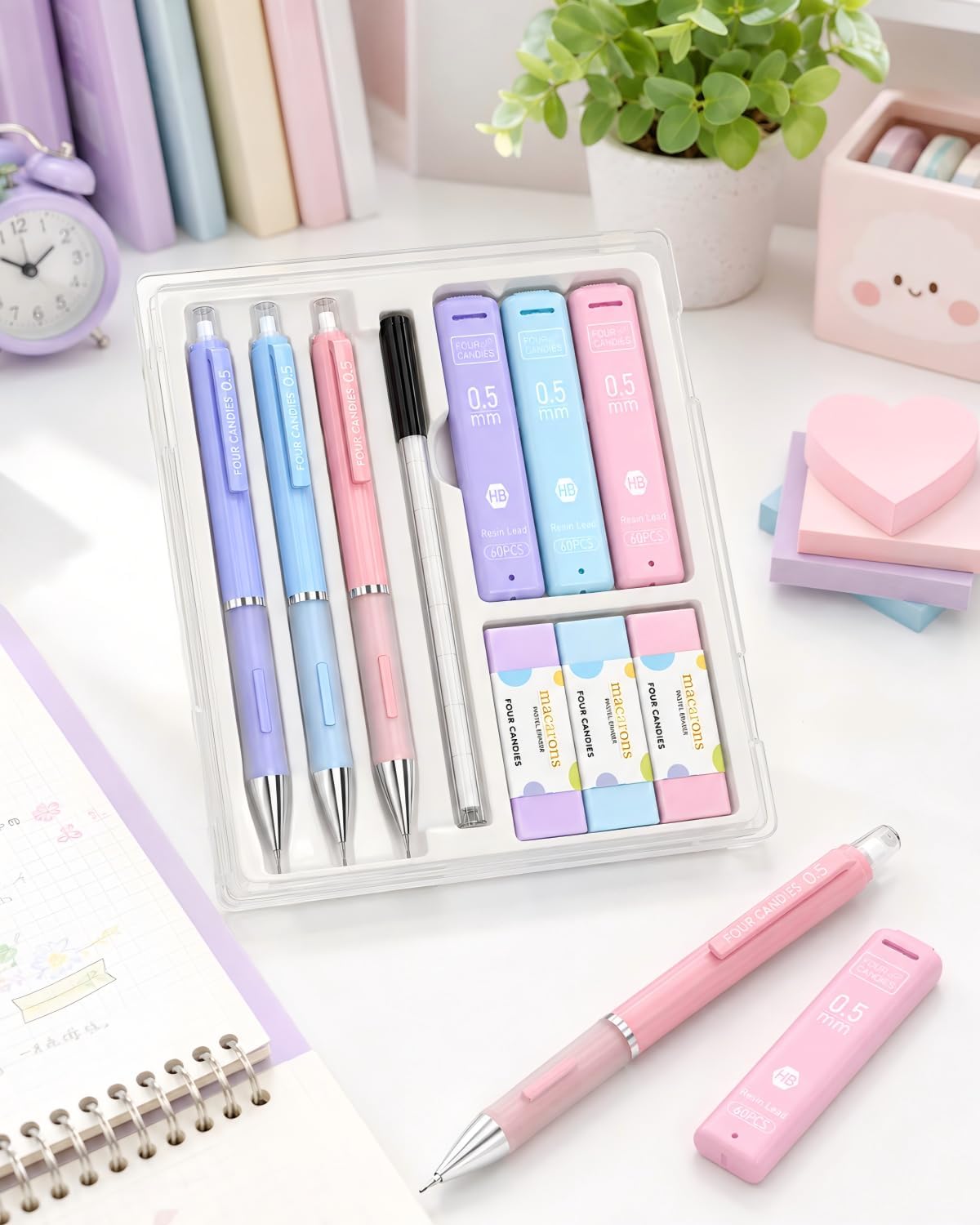 Four Candies 0.5mm Pastel Mechanical Pencil Set with Case, 3-Pack