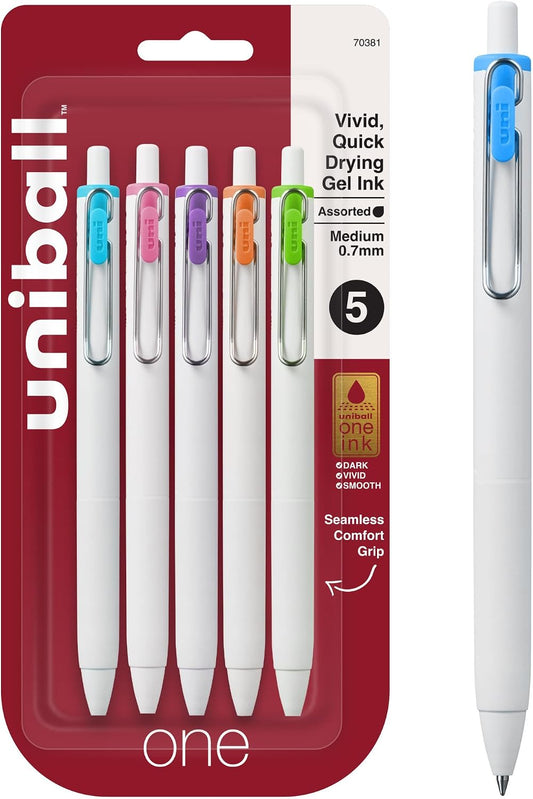 uniball™ one Gel Pens, Medium Point (0.7mm), Assorted Ink, 5 Pack