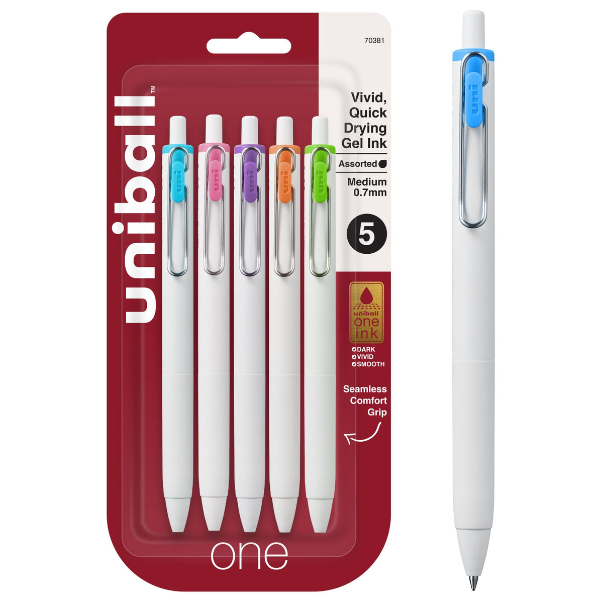 uniball™ one Gel Pens, Medium Point (0.7mm), Assorted Ink, 5 Pack