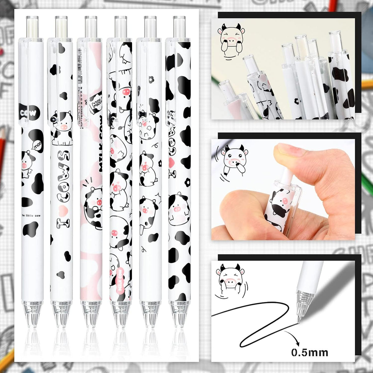 Sabary 12 Pcs Cute Cow Print Pens 6 Pad Sticky Notes for Student Gift