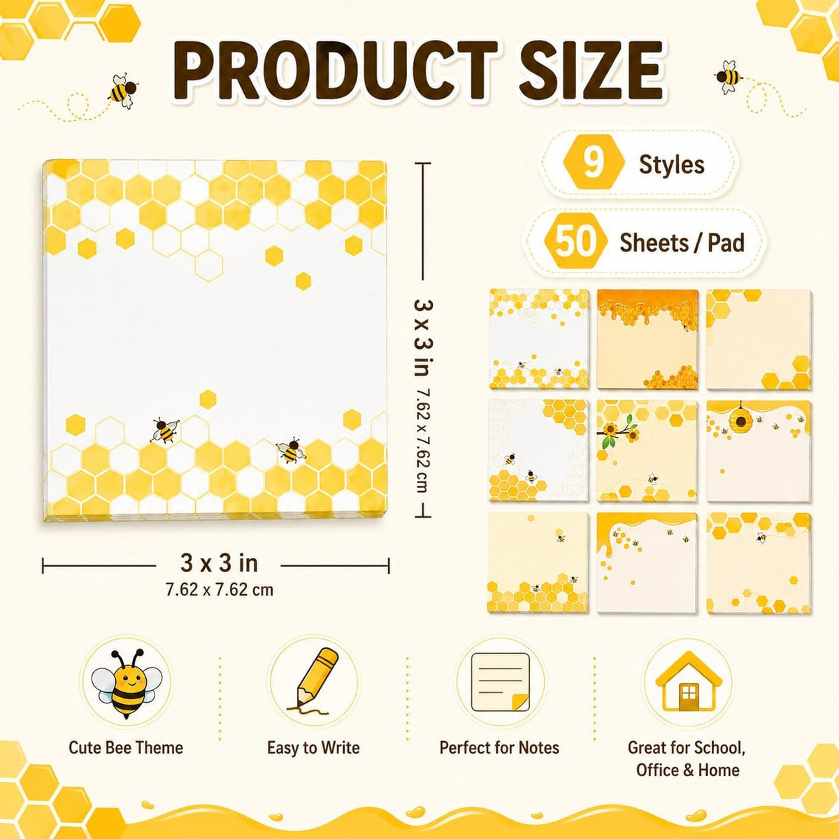 9 Pieces Bee Sticky Notes 3x3 Inch Cute Bee Note Pads Adesive Bee Memo Notes for School Office Home Supplies Students Teachers Gift
