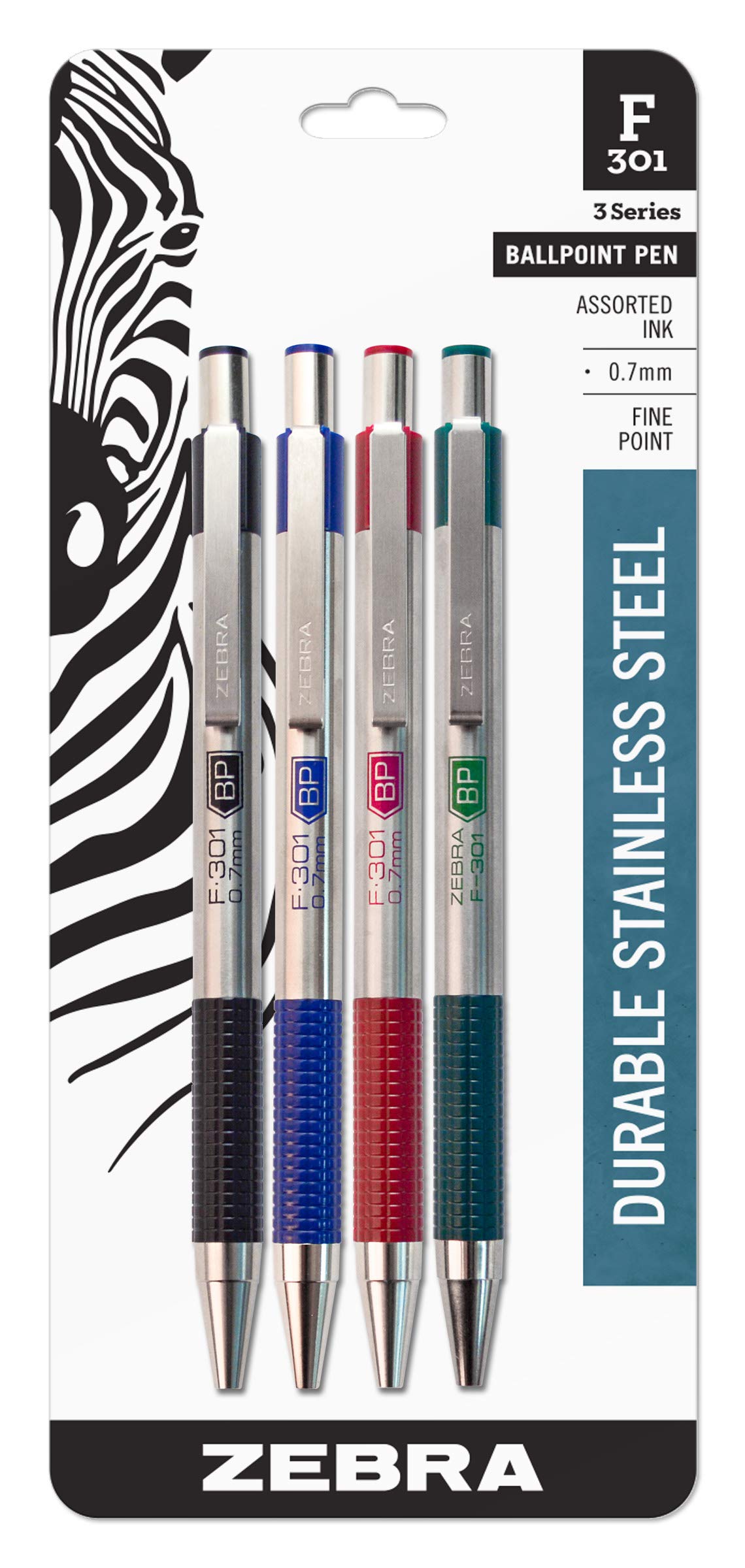 Zebra Pen STEEL F-301 Retractable Ballpoint Pen, Black Ink, 0.7mm, 4-Pack