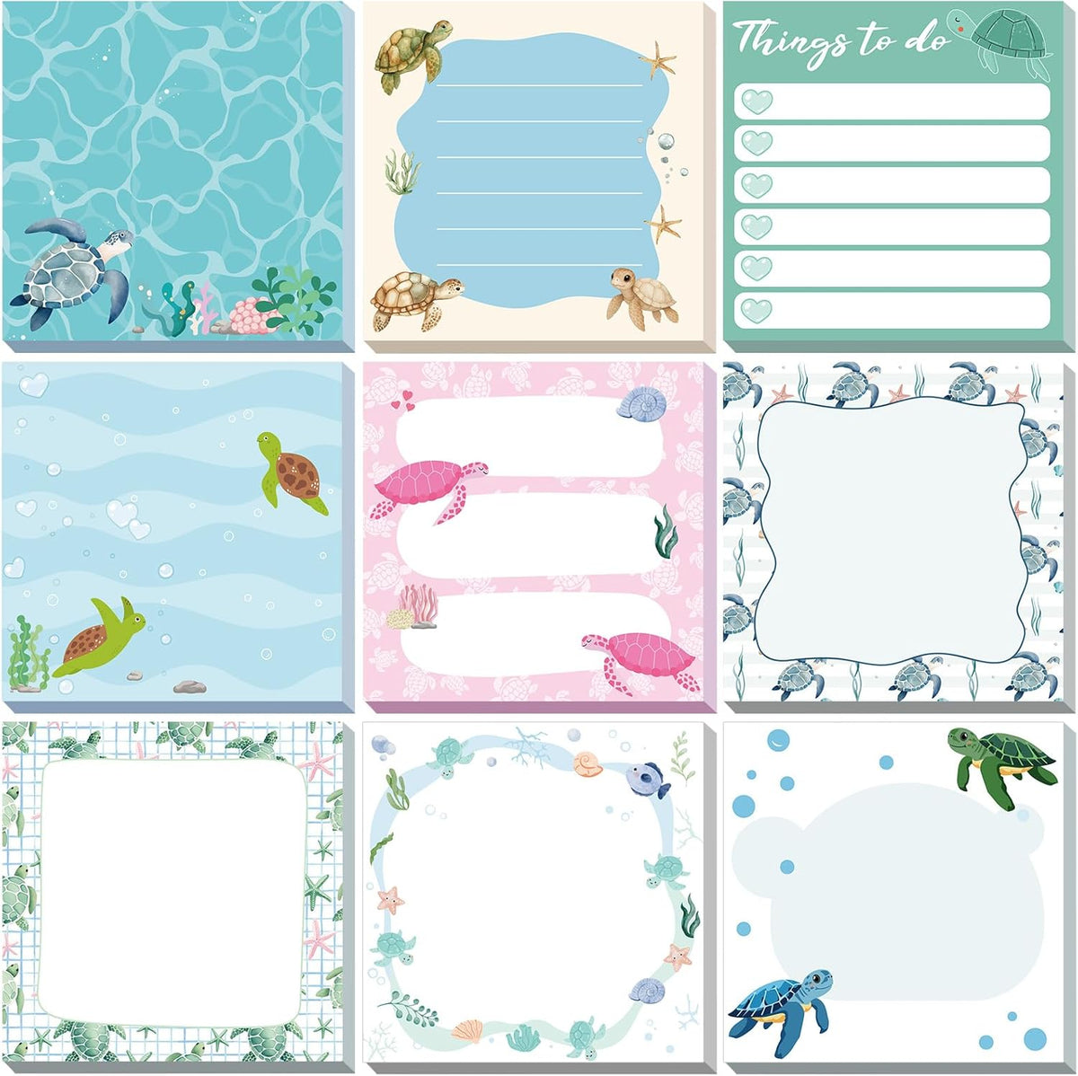 9 Pads Turtle Sticky Notes, 3x3 Inch Cute Stick Notepads