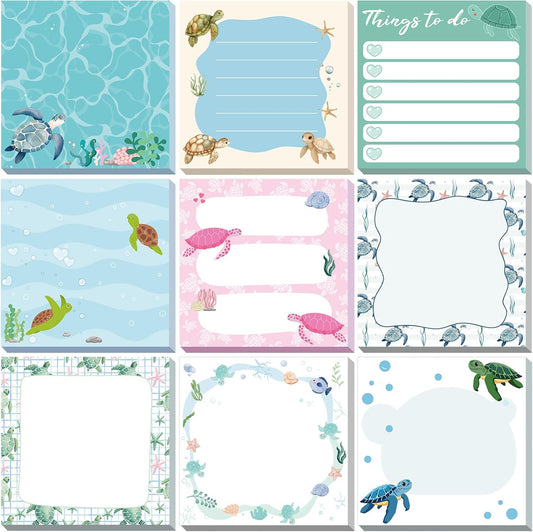 9 Pads Turtle Sticky Notes, 3x3 Inch Cute Stick Notepads