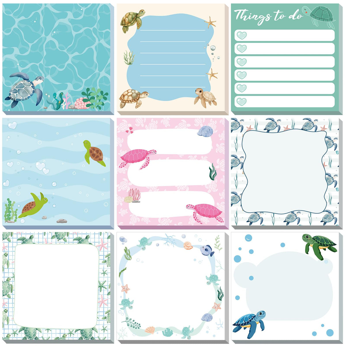 9 Pads Turtle Sticky Notes, 3x3 Inch Cute Stick Notepads