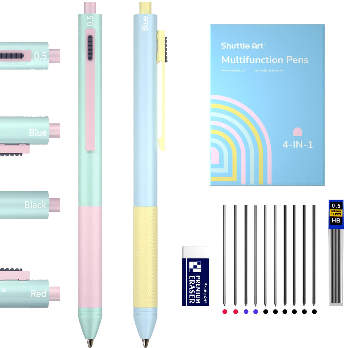 Shuttle Art 4 in 1 Gravity-activated Multicolor Pen, 2 Pack Retractable Ballpoint Pens with 1.0mm Black Blue Red Ink and 0.5mm Mechanical Pencil, Pens Gift Set for Writing Note Taking School Office