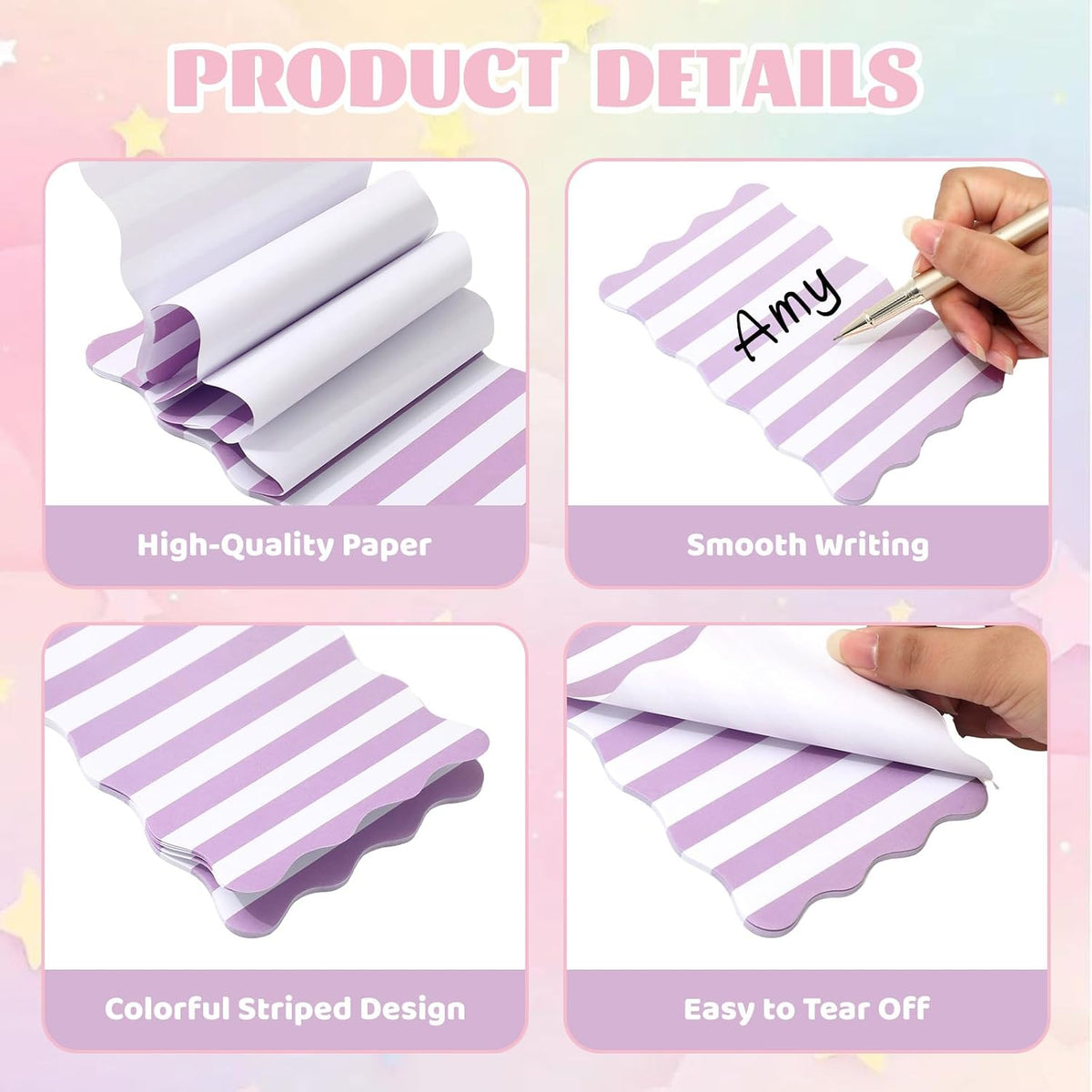 Whaline 8Pcs Stripe Scalloped Sticky Notes 4 x 6 Inch Candy Color Striped Self Adhesive Lined Notepad Removable Memo Pad for Classroom Office Home School Party Supplies