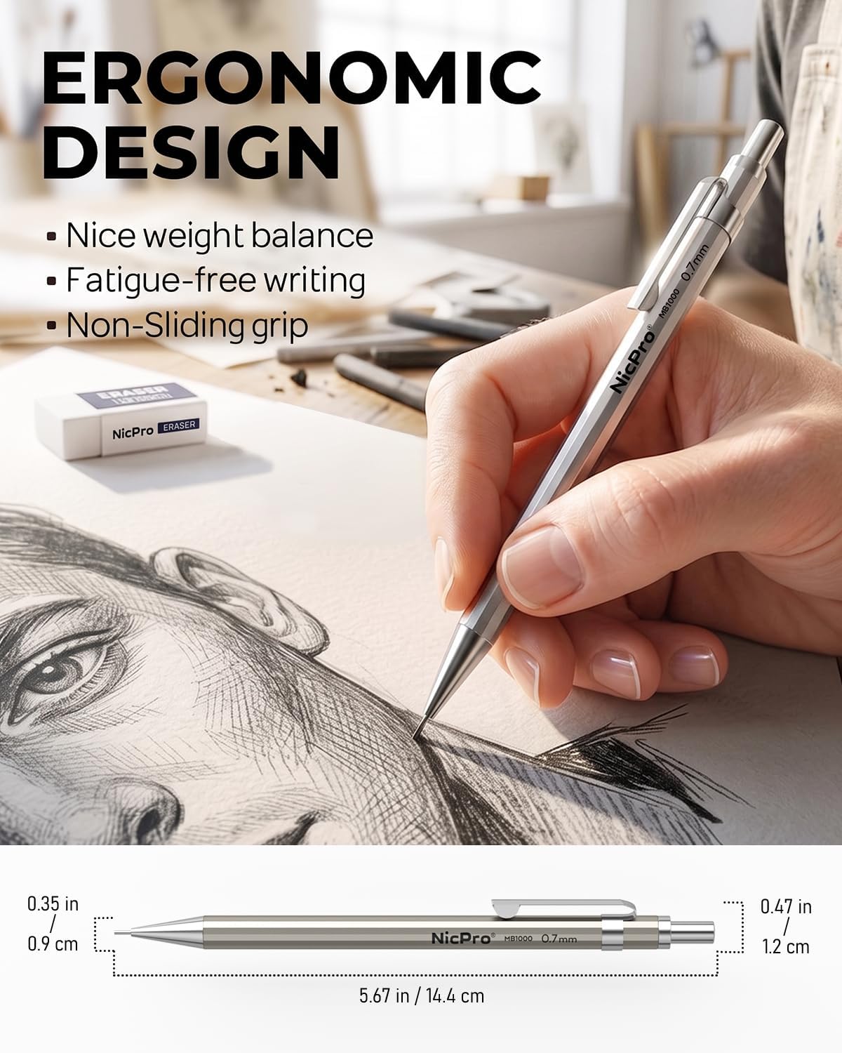 Nicpro 4 Pack Mechanical Pencil 0.7mm, MB1000 Metal Mechanical Pencil Set