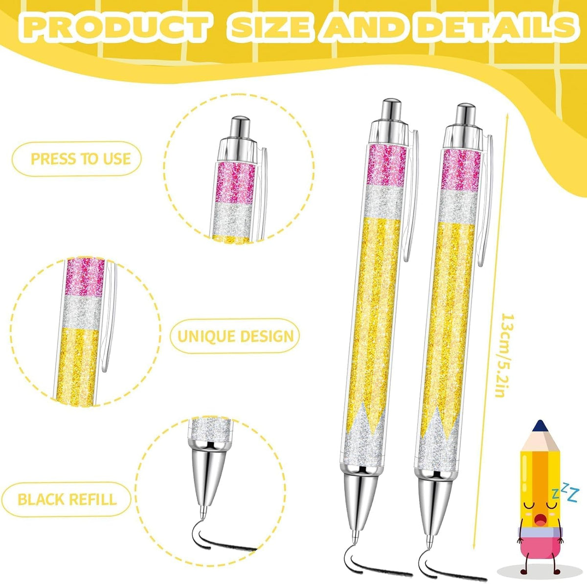 24 Pcs Back to School Glitter Ballpoint Pens Pencil Design Ballpoint Pens for Back to School Teachers and Classmates Stationery Classroom Accessories