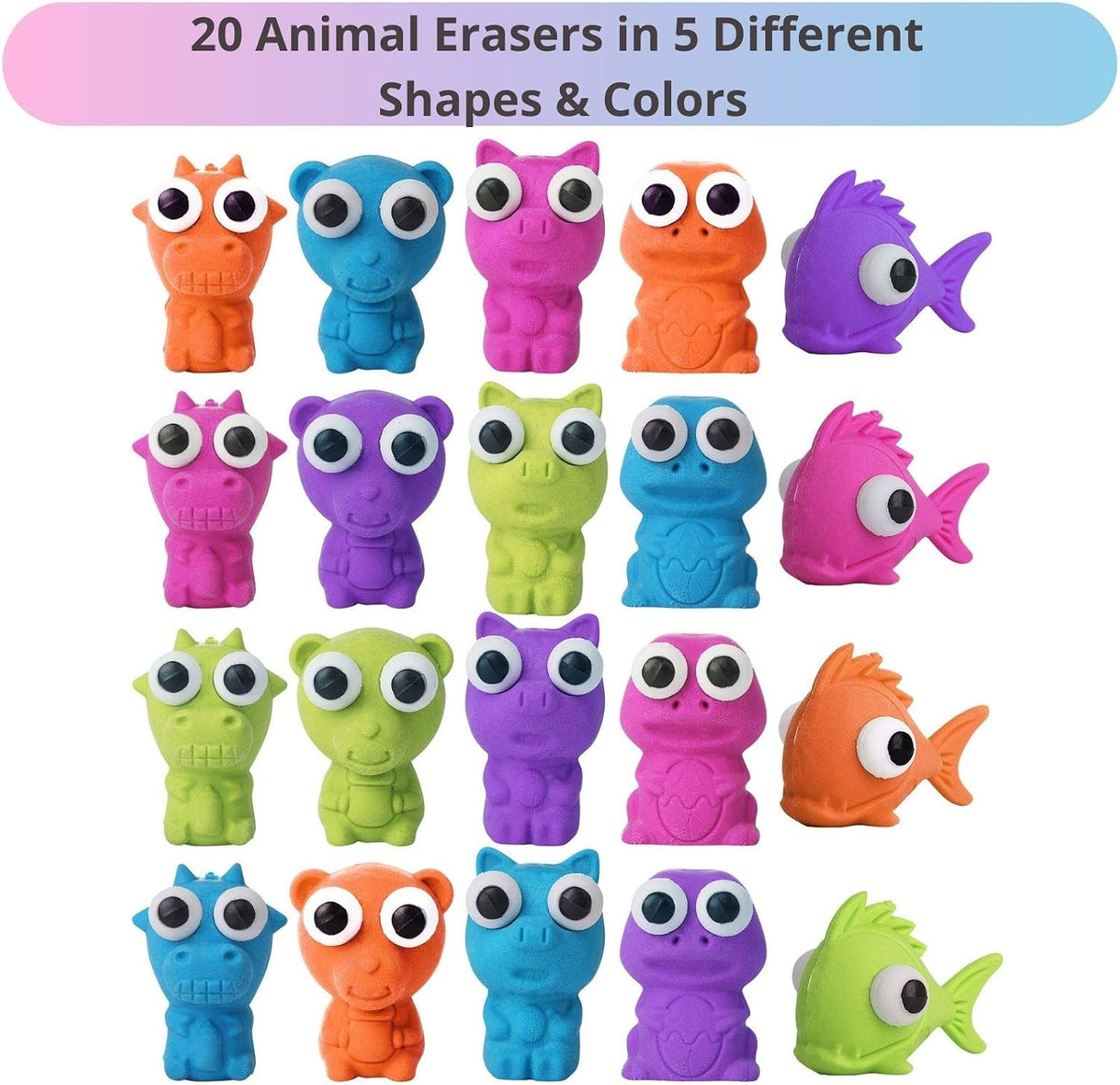 Mr. Pen- Animal Pencil Top Eraser, 20 Pack, 5 Assorted Styles
