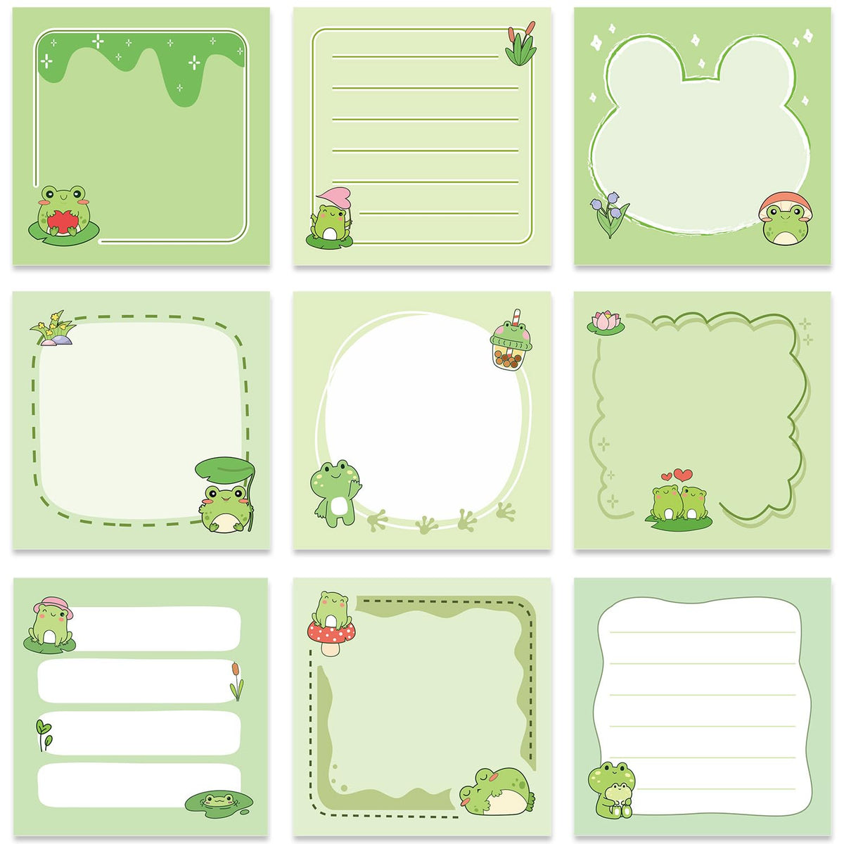 Frog Sticky Notes 3x3 Cute Animal Stationery 9-Pack