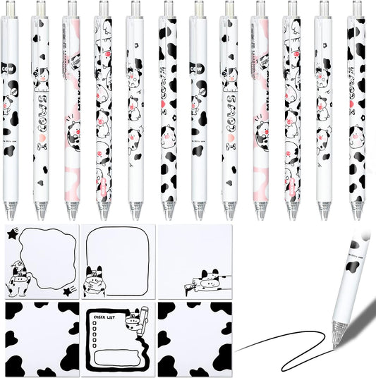 Sabary 12 Pcs Cute Cow Print Pens 6 Pad Sticky Notes for Student Gift