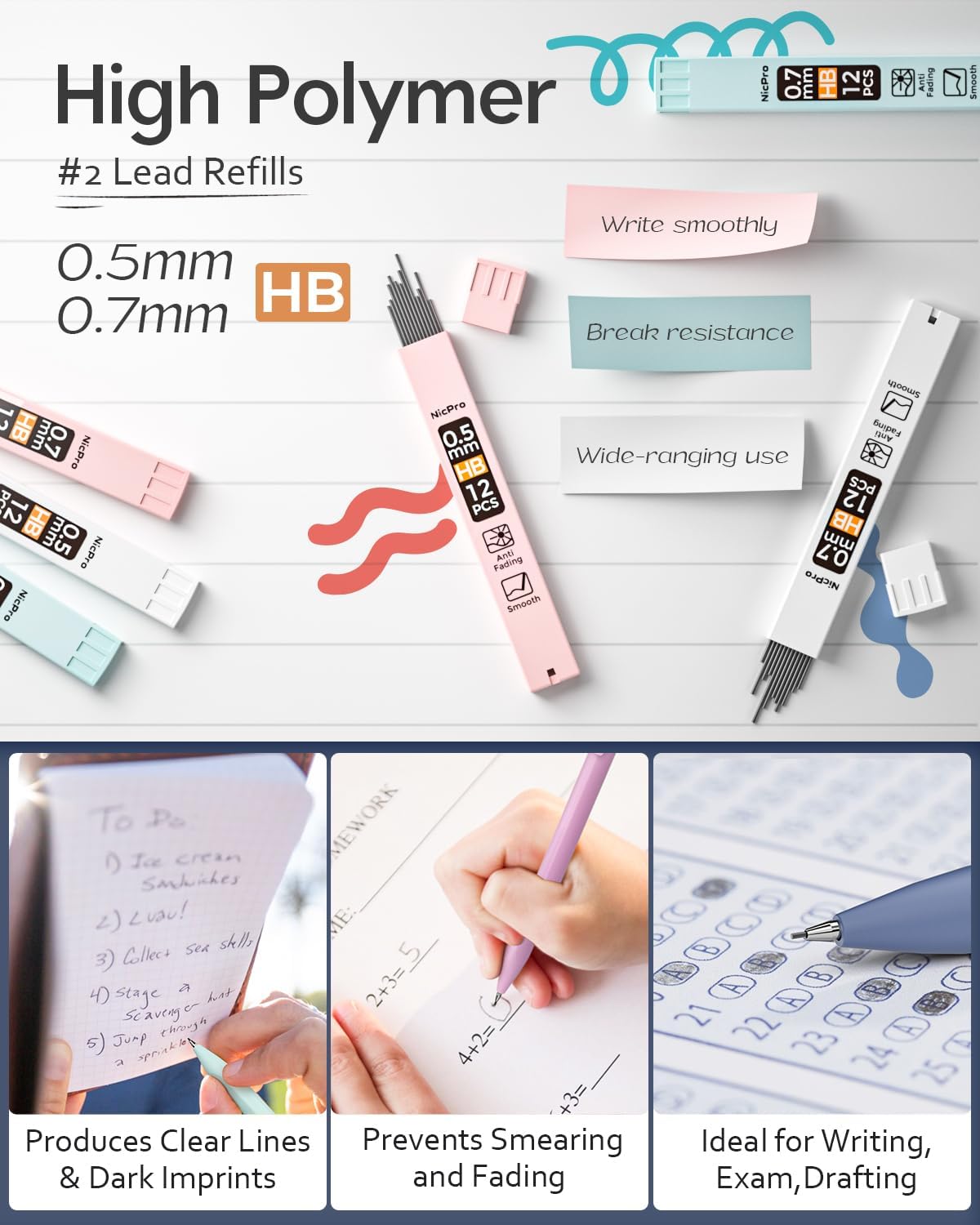 Nicpro Pastel Mechanical Pencil Set, 0.5 & 0.7mm Cute Pencils, Pack of 6
