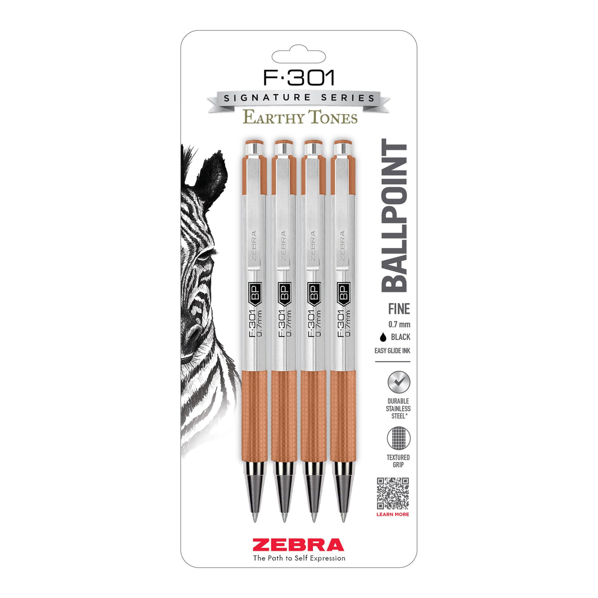Zebra Pen STEEL F-301 Retractable Ballpoint Pen, Black Ink, 0.7mm, 4-Pack