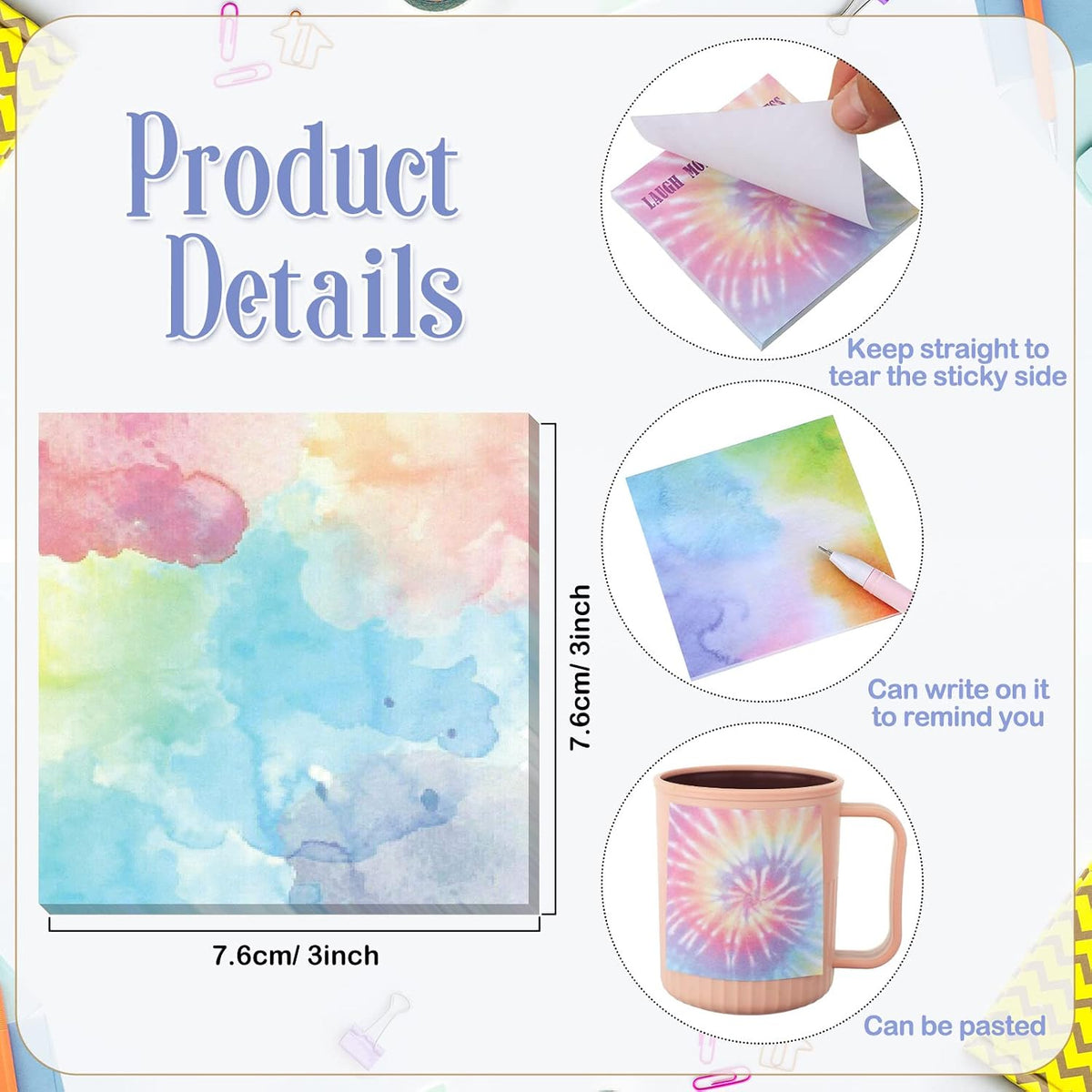 Eaasty 12 Pcs Rainbow Sticky Notes Tie Dye Pastel Sticky Note, 3 x 3 Inch