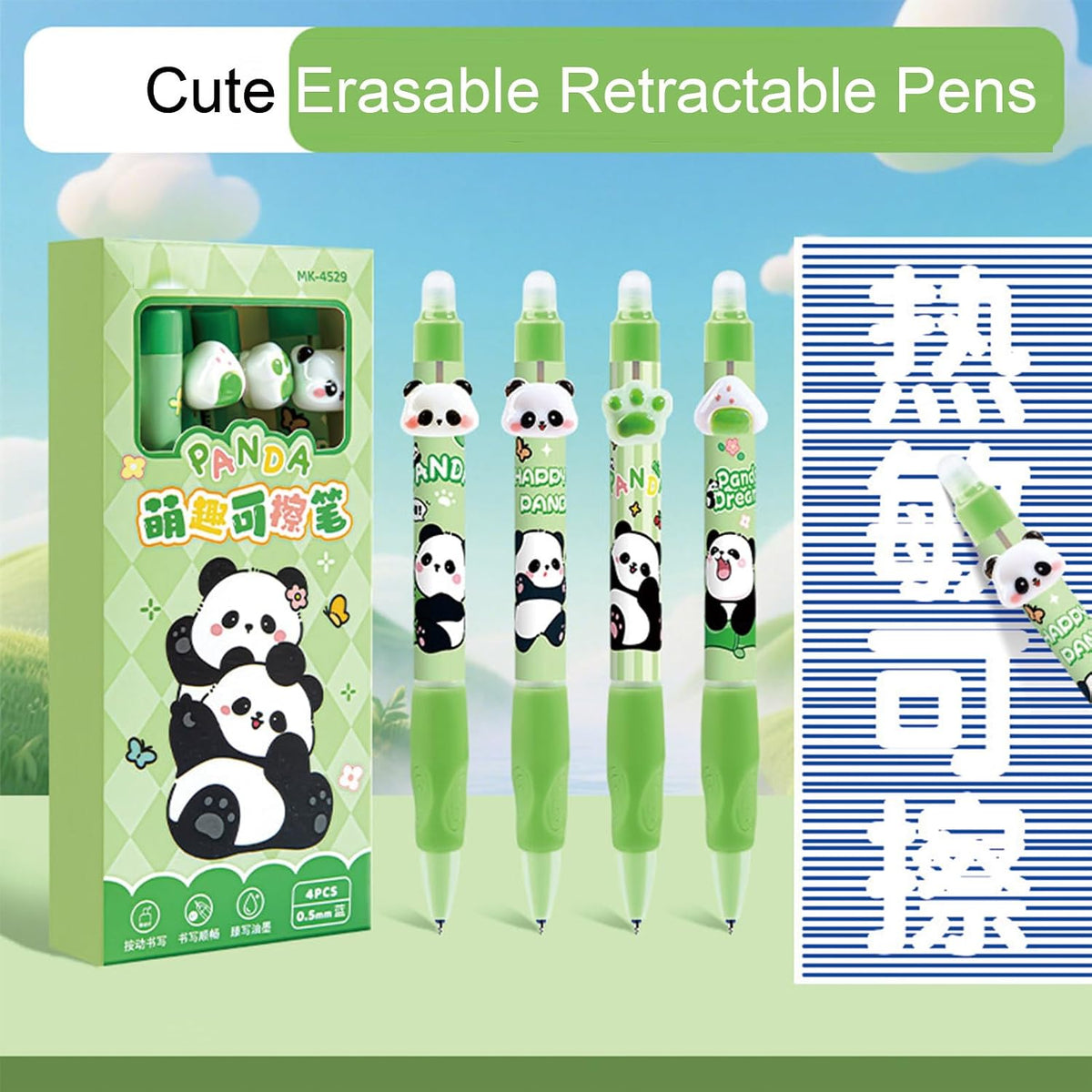 MOZXIRZ 4 Pcs Cute Erasable Gel Pens Retractable Pens Cartoon Panda Pen 0.5mm Fine Point Blue Ink Smooth Writing Pen for Women Girls Boys Office School Supplies (Panda-Blue Ink)