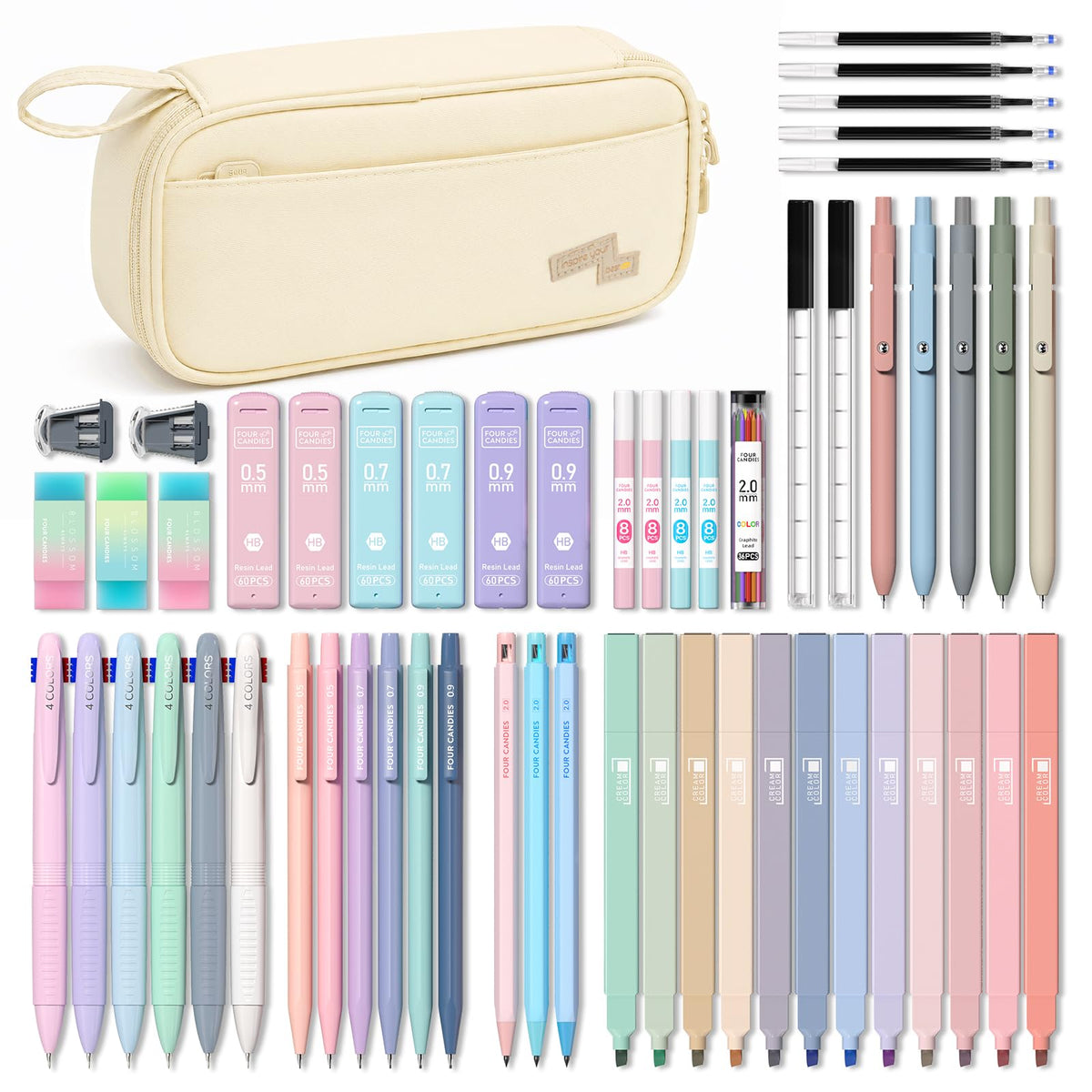 Four Candies 56PCS School Supplies with Pencil Case, Stationery Set, Pink