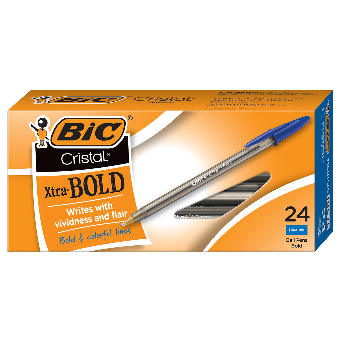 BIC Cristal Xtra Bold Ballpoint Pens, Bold Point, 1.6 mm, 24-Count Pack