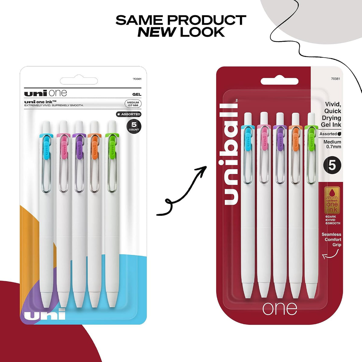 uniball™ one Gel Pens, Medium Point (0.7mm), Assorted Ink, 5 Pack