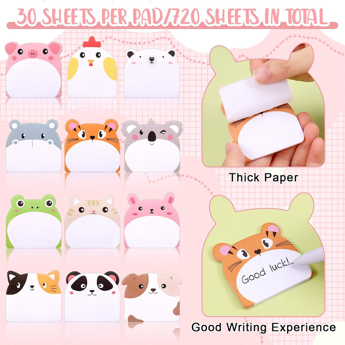 JIANTA 24 Pcs Cute Sticky Notes, 12 Animal Designs, 720 Sheets