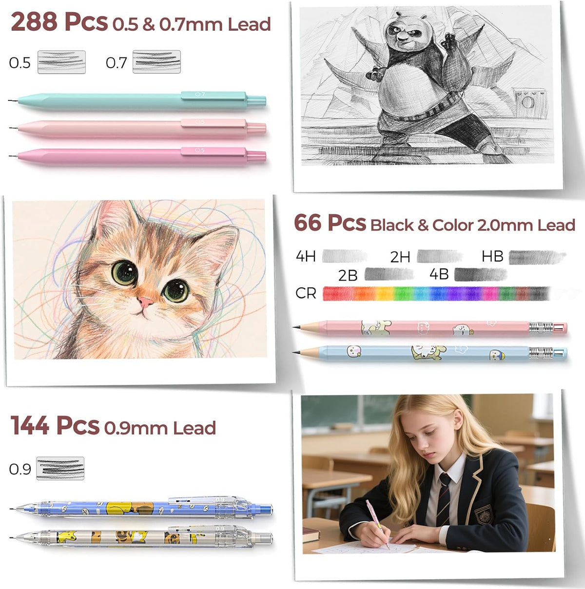 Nicpro 45PCS Mechanical Pencils with 462 Lead Refills (Pink)