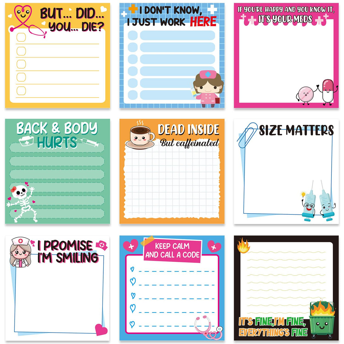 Funny Cat Sticky Notes 3x3 Gifts Cat Lovers 9-Pack