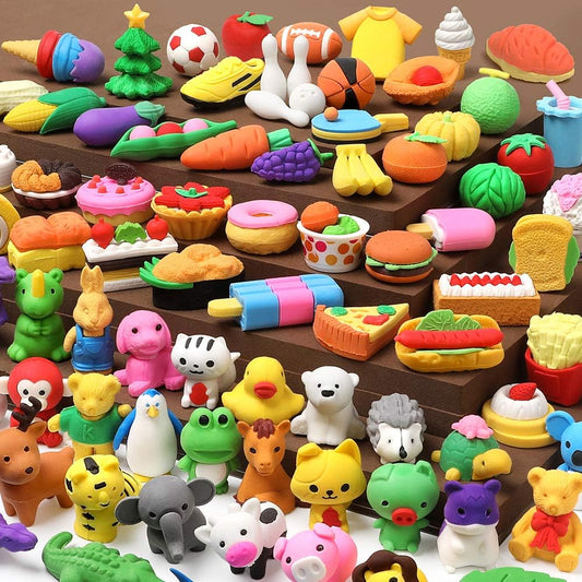 100Pcs 3D Animal Pencil Erasers, Desk Pets for Treasure, School Rewards