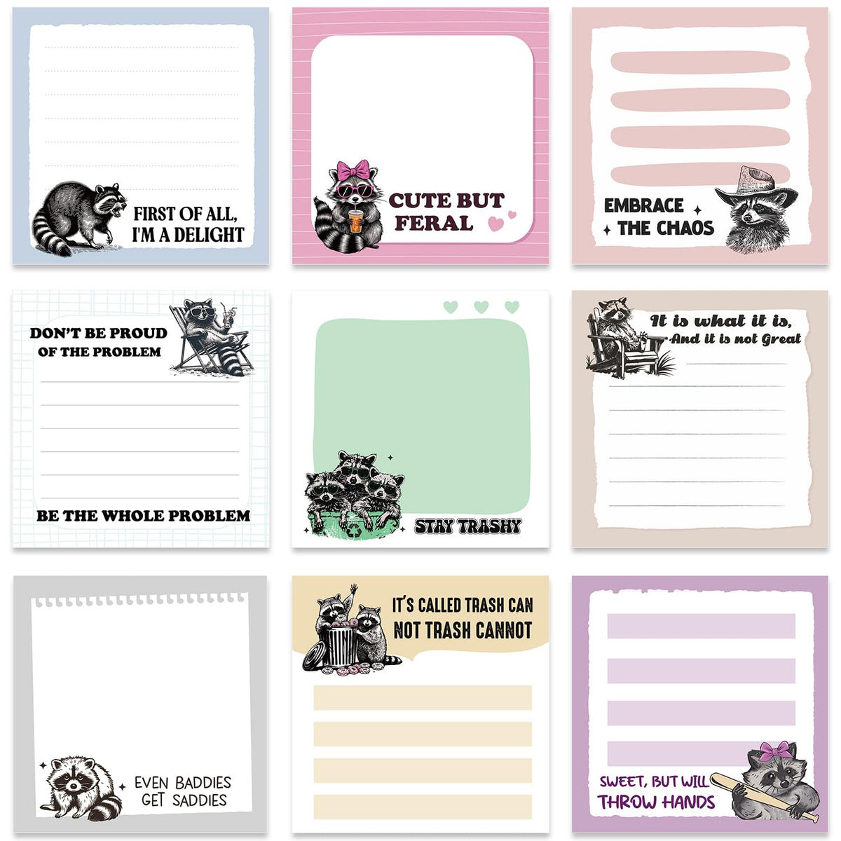 Funny Cat Sticky Notes 3x3 Gifts Cat Lovers 9-Pack