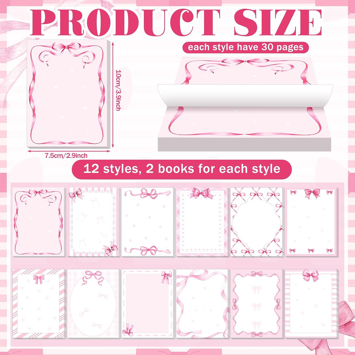 Thenshop 24 Pcs/720 Sheets Coquette Pink Bow Sticky Notes Bow Self Stick Notepad to Do List Writing Memo Pads Goodies Bags Fillers for Birthday Party Favors Rewards Gifts Home Office, 4 x 3 Inches