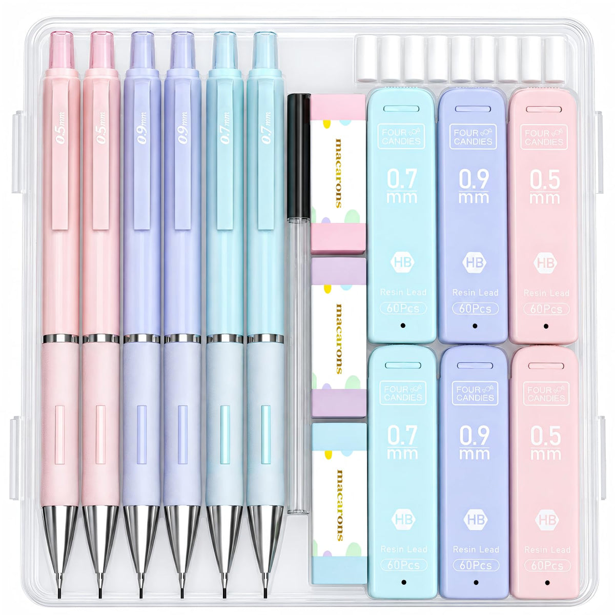 Four Candies 0.5mm Pastel Mechanical Pencil Set with Case, 3-Pack