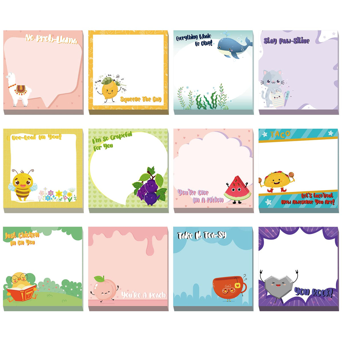 12 Pcs Fun Inspirational Sticky Notes 3 x 3 Inch Motivational, Cute Style