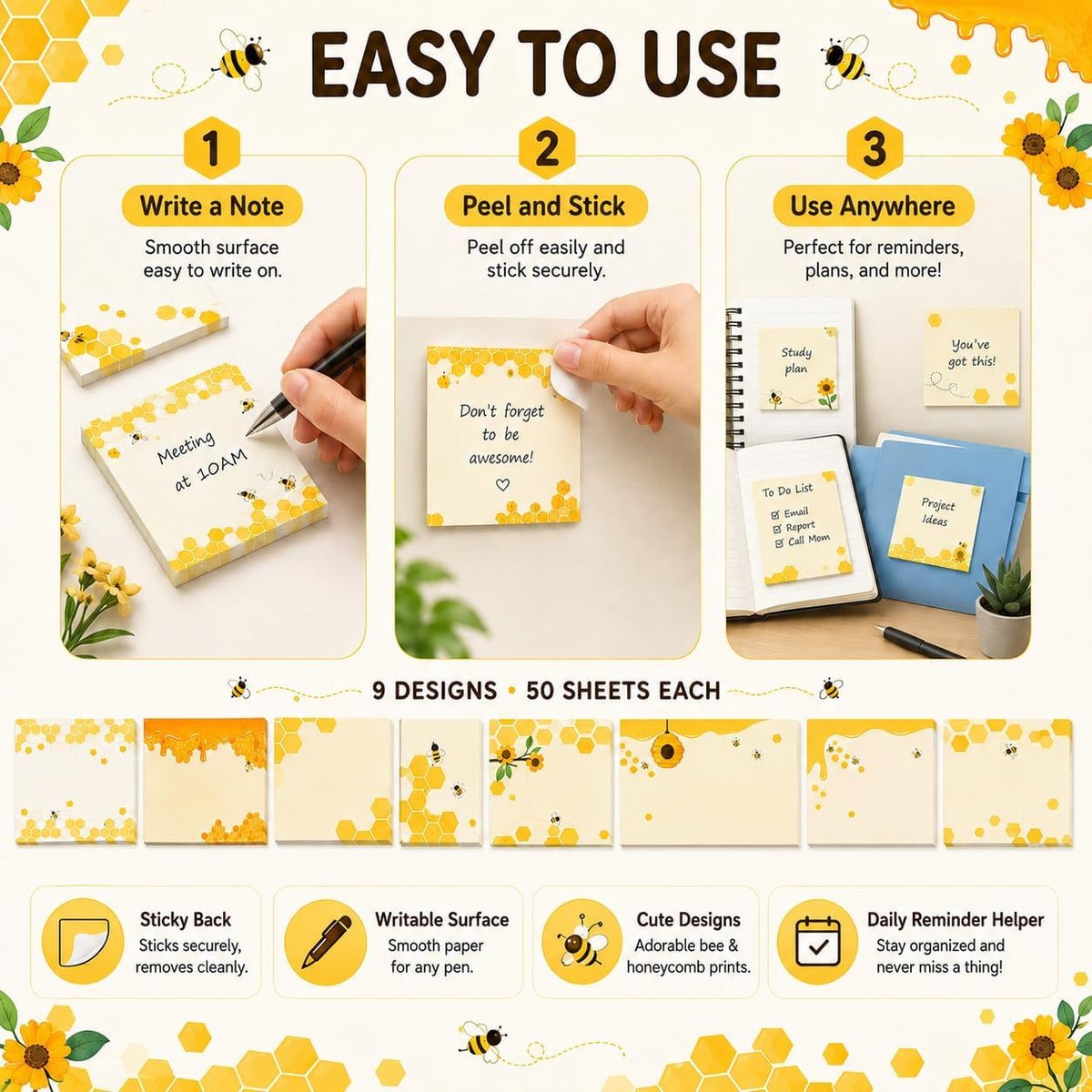 9 Pieces Bee Sticky Notes 3x3 Inch Cute Bee Note Pads Adesive Bee Memo Notes for School Office Home Supplies Students Teachers Gift
