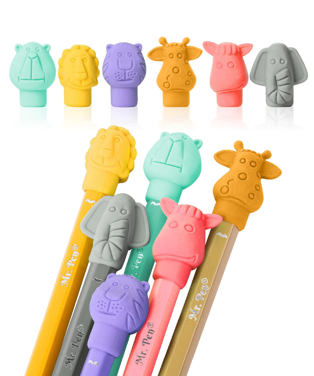 Mr. Pen- Animal Pencil Top Eraser, 60 Pack, 6 Assorted Styles