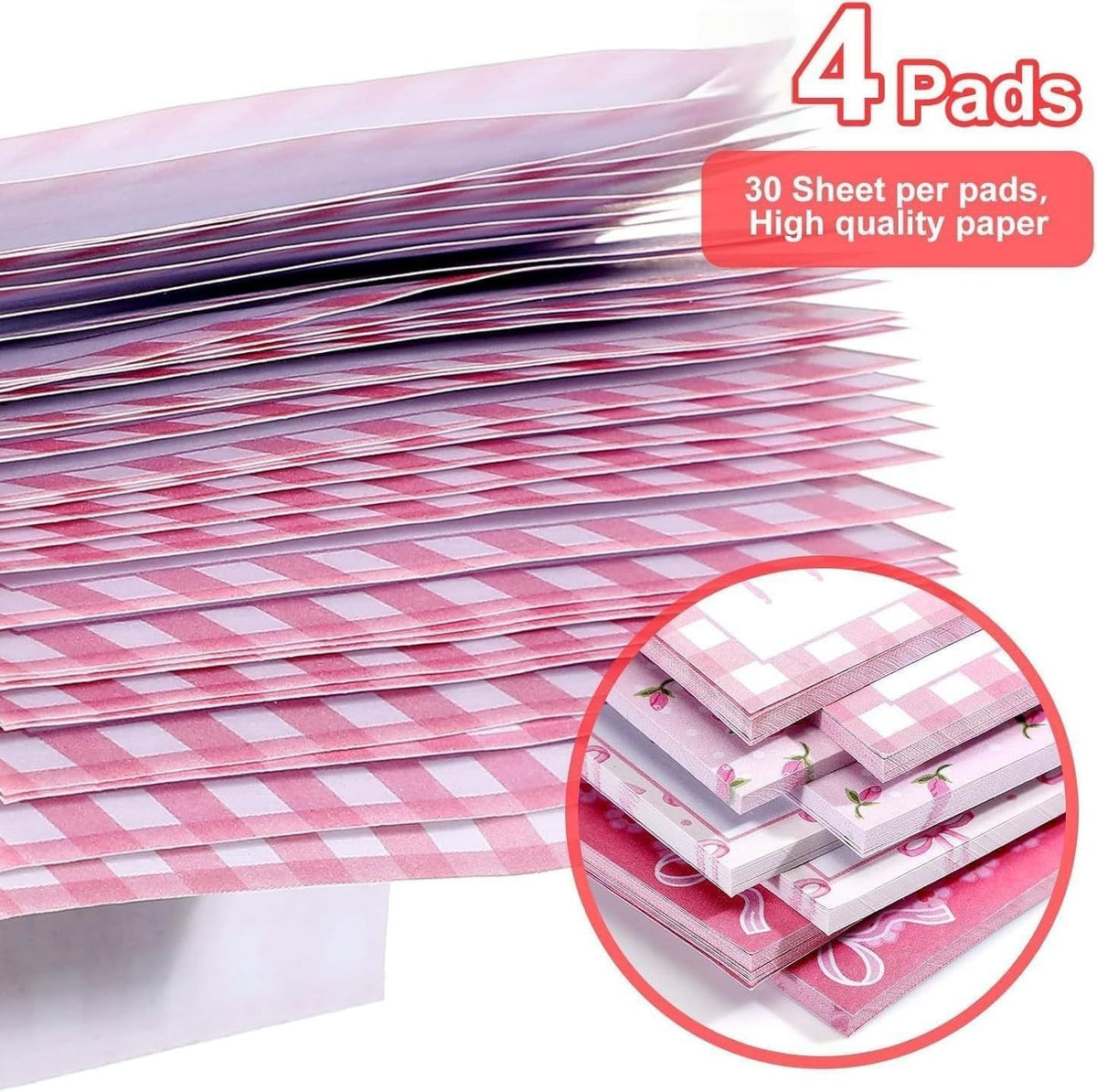 4-Pad 3x3 Inch Pink Sticky Notes (120 Sheets) Bow Cute Post it Notes