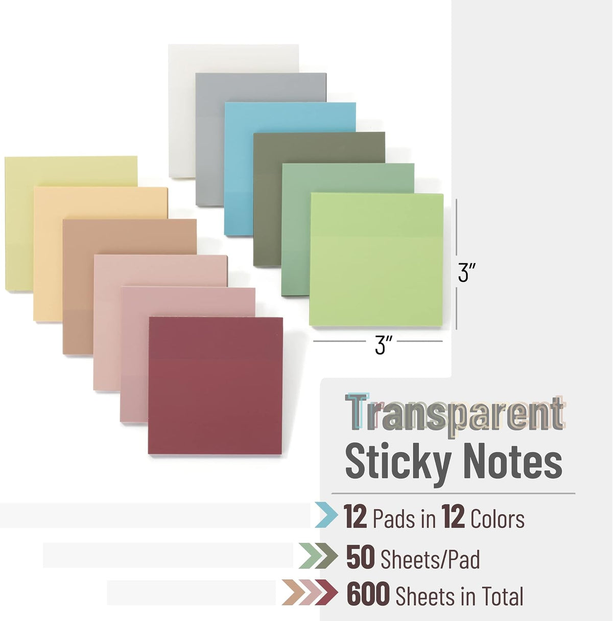 Mr. Pen- Transparent Sticky Notes, 3" x 3", 12 Pads, 600 Sheets