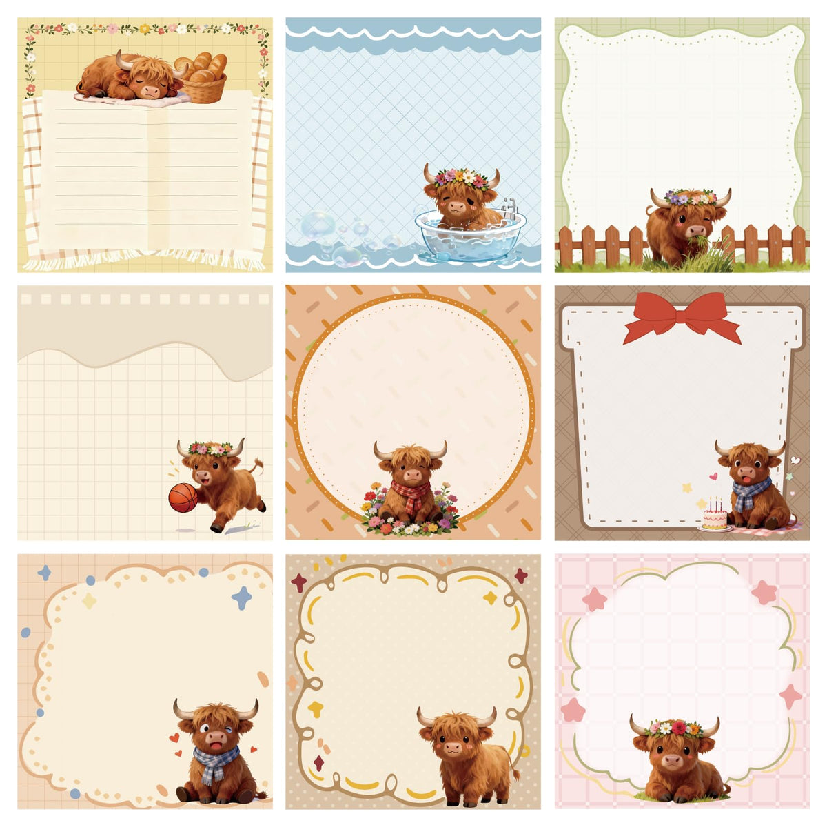 Highland Cow Sticky Notes, 3x3 Inch, 9 Pads, Cute Animal Post It Notes