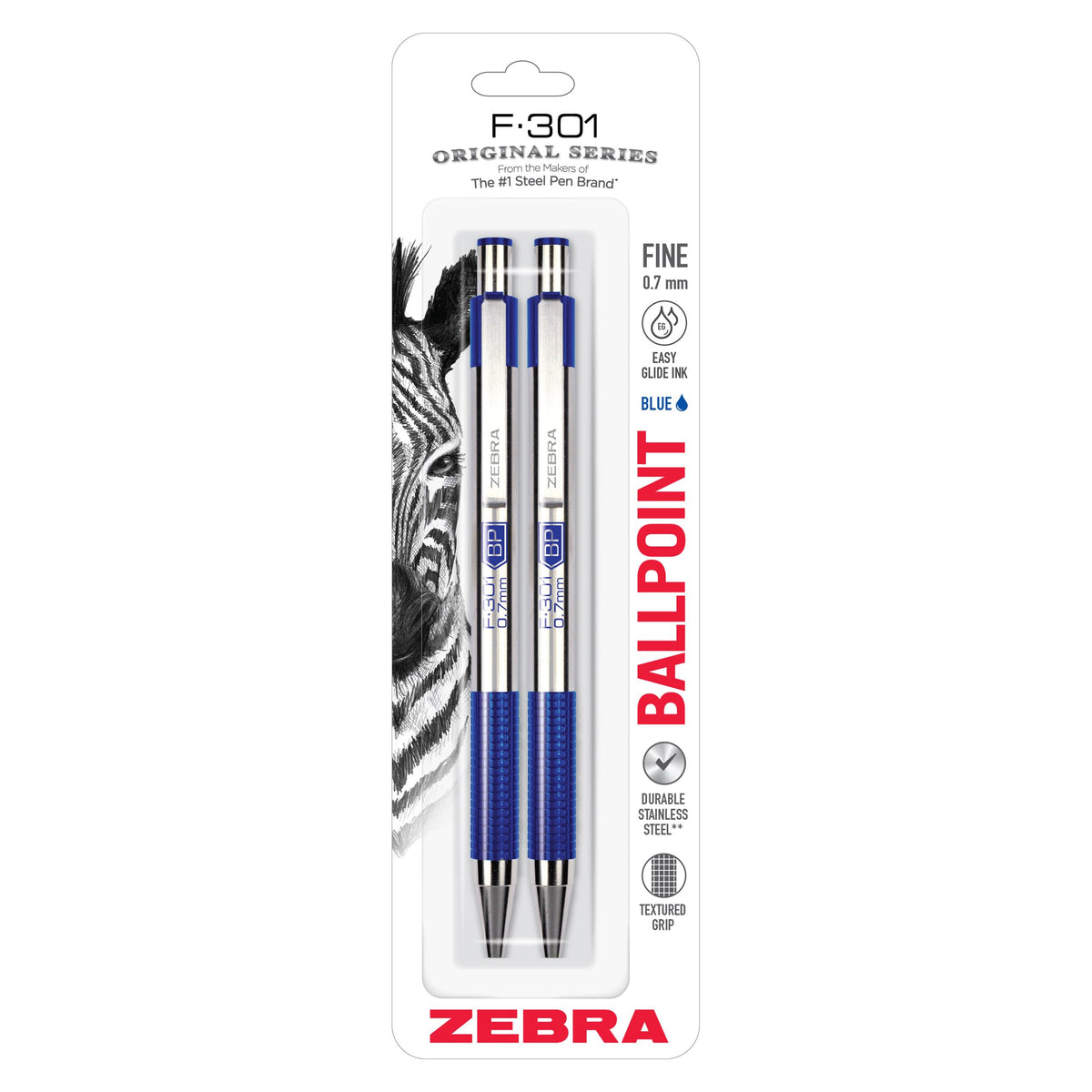 Zebra Pen STEEL F-301 Retractable Ballpoint Pen, Black Ink, 0.7mm, 4-Pack