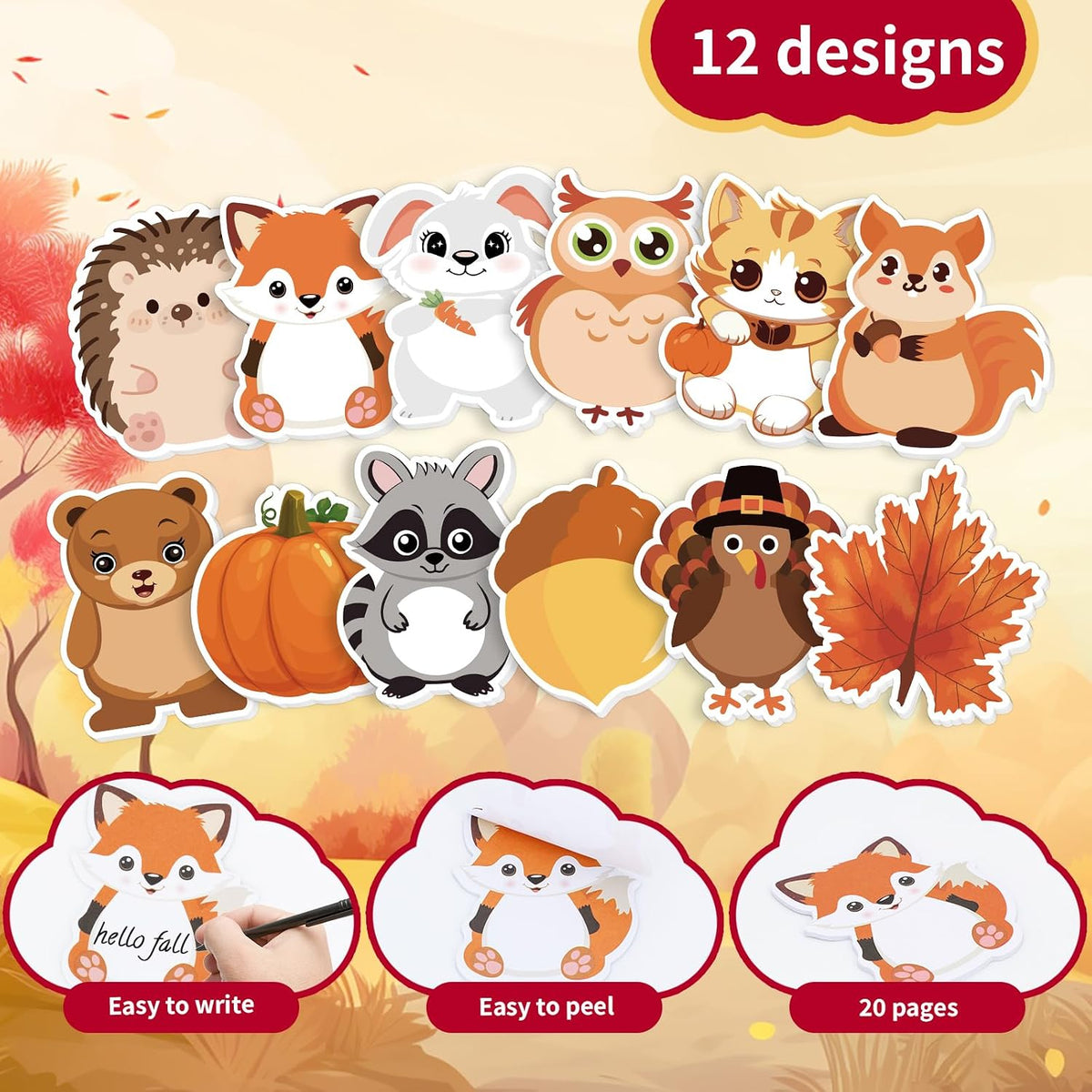 Fall Sticky Notes Cute Autumn Animal Notepads 24Pack 480 Sheets