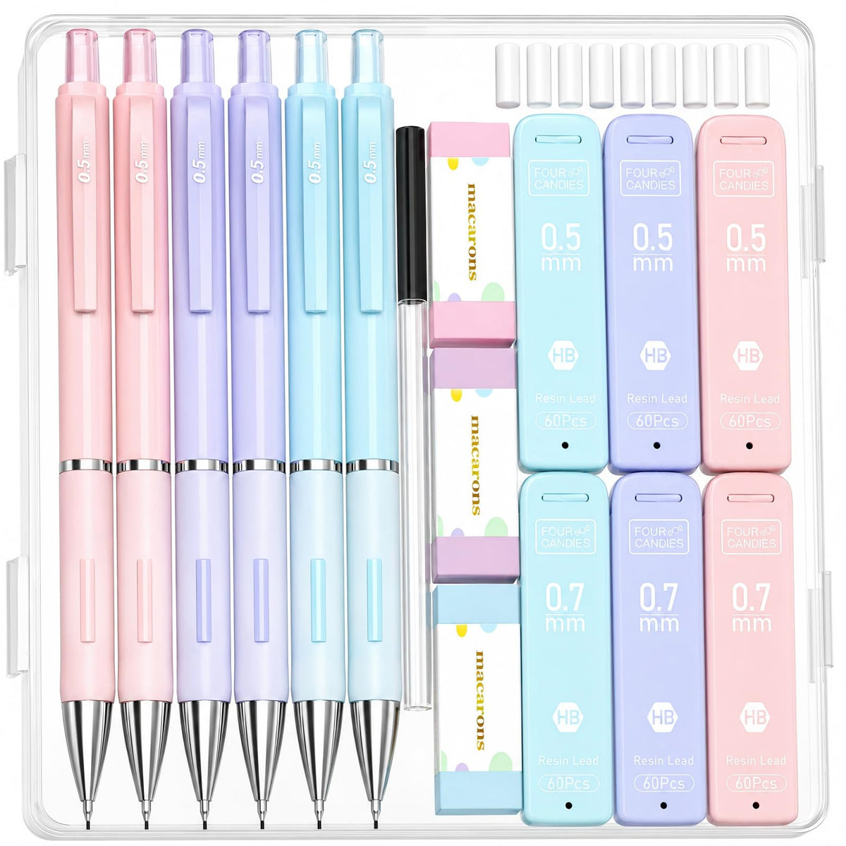 Four Candies 0.5mm Pastel Mechanical Pencil Set with Case, 3-Pack