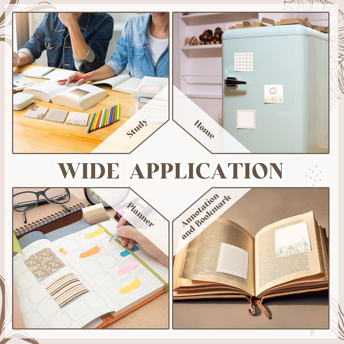 9 Pads Aesthetic Brown Sticky Notes, 3 x 3 Inch Pastel Notepads