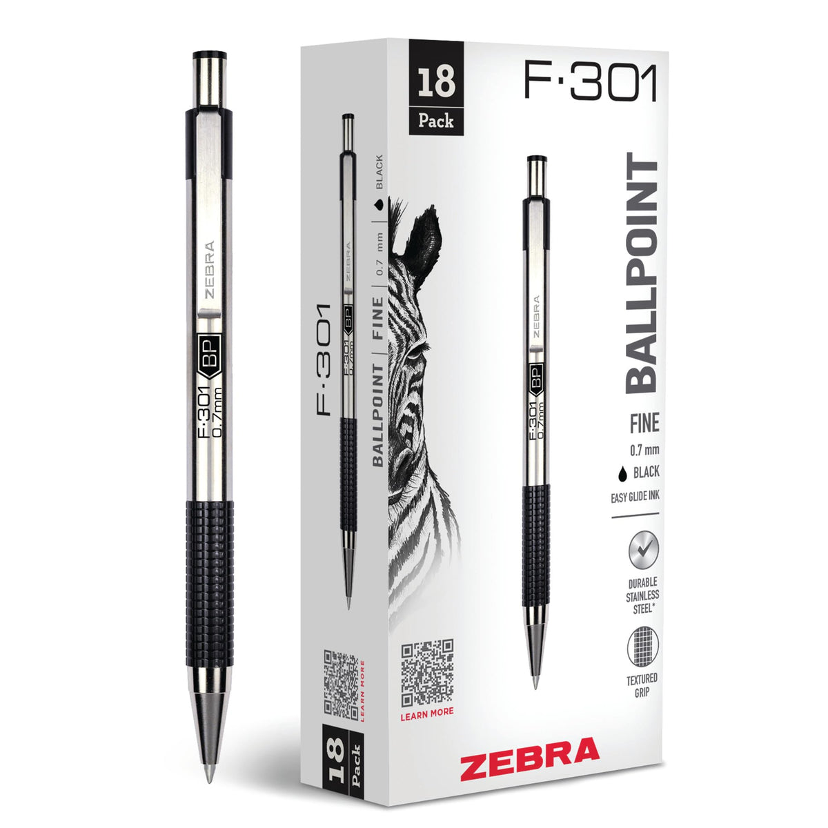 Zebra Pen STEEL F-301 Retractable Ballpoint Pen, Black Ink, 0.7mm, 4-Pack