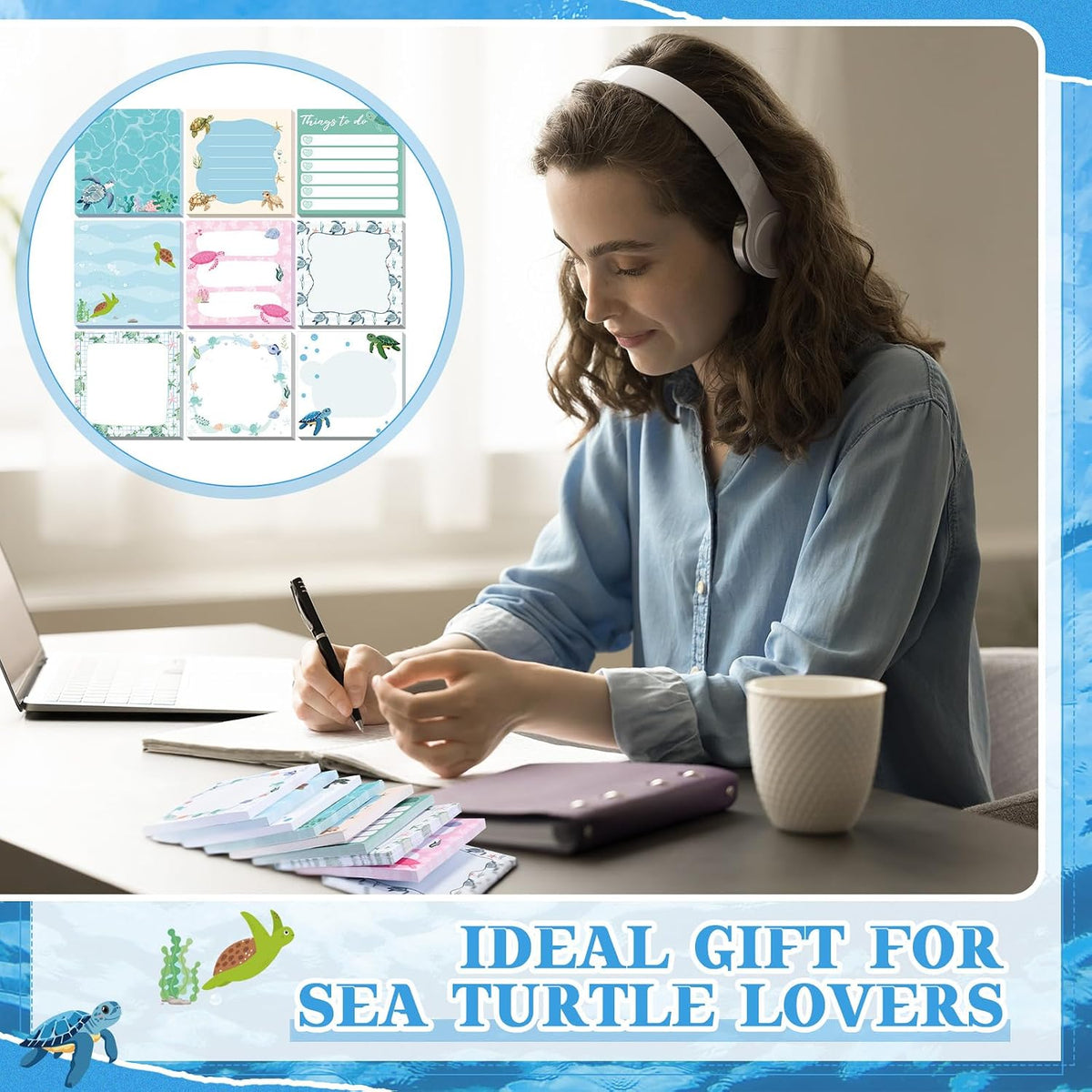 9 Pads Turtle Sticky Notes, 3x3 Inch Cute Stick Notepads