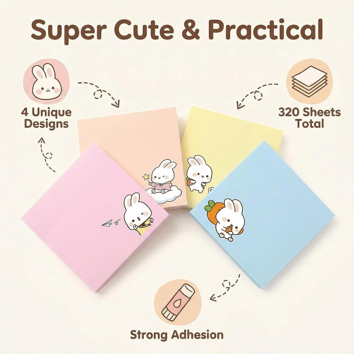 Cute Kawaii Bunny Sticky Notes 3x3 Inch 4 Pads 80 Sheets Memo Pads