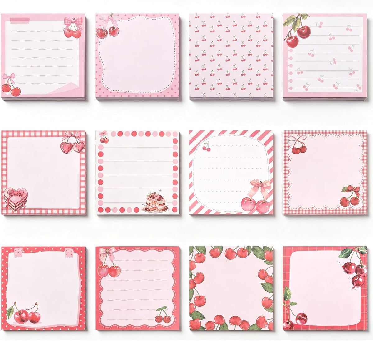Cute Cherry Square Sticky Notes Set 12 Different Designs 3x3 Inch Fun Self Adhesive Removable Notepads Notes 240 Sheets Funny Memo Pads for Kids Students School Teachers Office Supplies (Cherry)