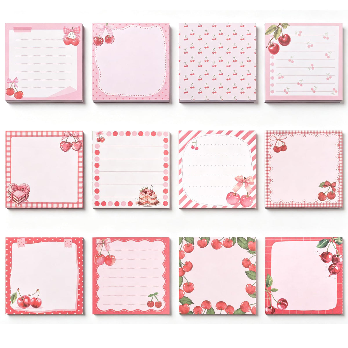 Cute Cherry Square Sticky Notes Set 12 Different Designs 3x3 Inch Fun Self Adhesive Removable Notepads Notes 240 Sheets Funny Memo Pads for Kids Students School Teachers Office Supplies (Cherry)