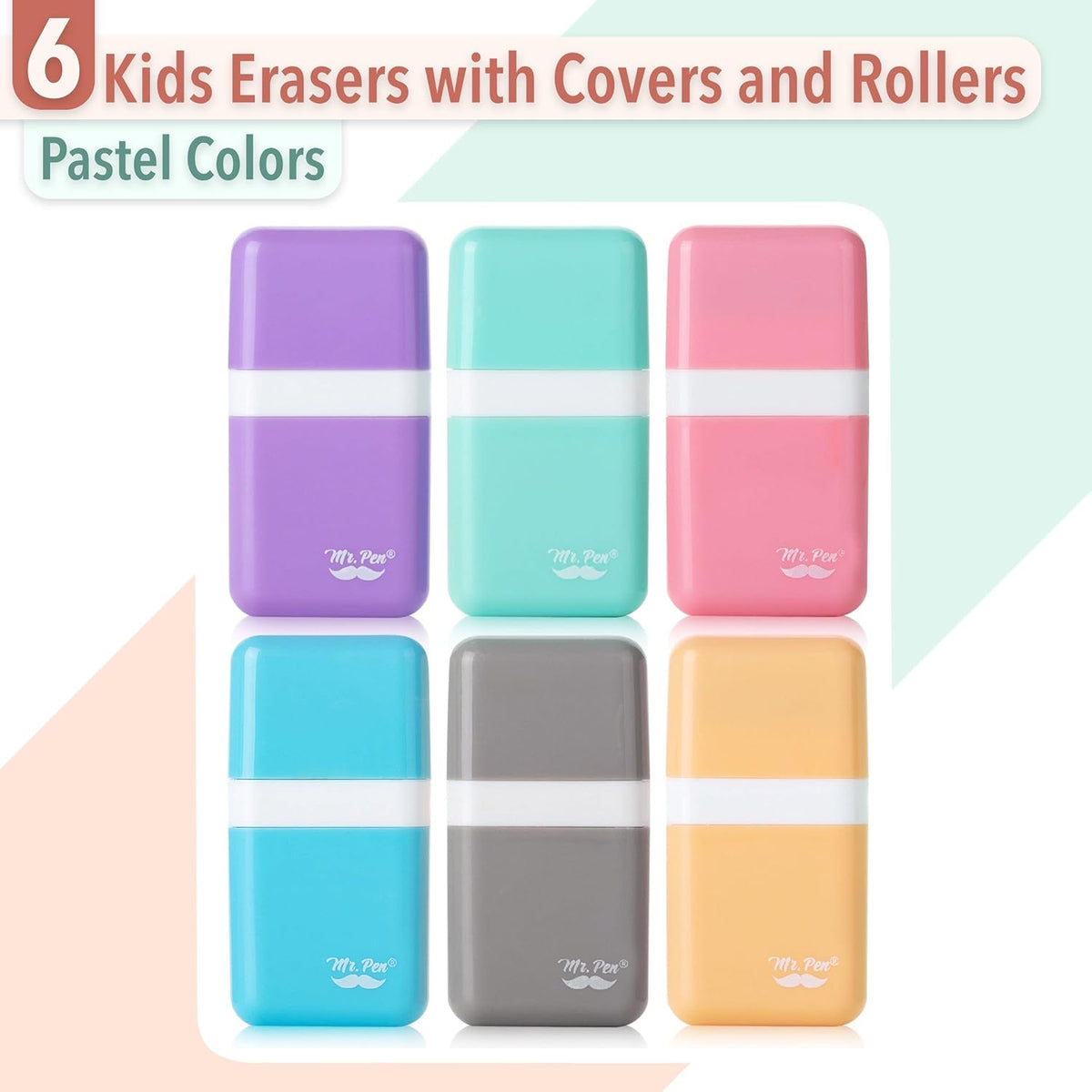 Mr. Pen- Eraser with Cover and Roller, 6 Pack, Pastel Colors