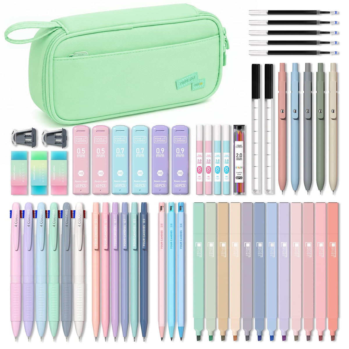Four Candies 56PCS School Supplies with Pencil Case, Stationery Set, Pink