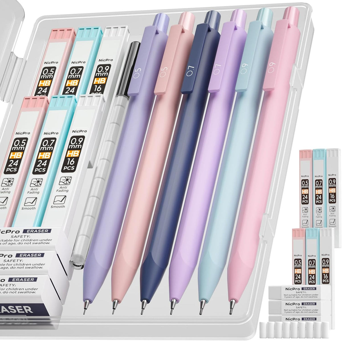 Nicpro Pastel Mechanical Pencil Set, 0.5 & 0.7mm Cute Pencils, Pack of 6