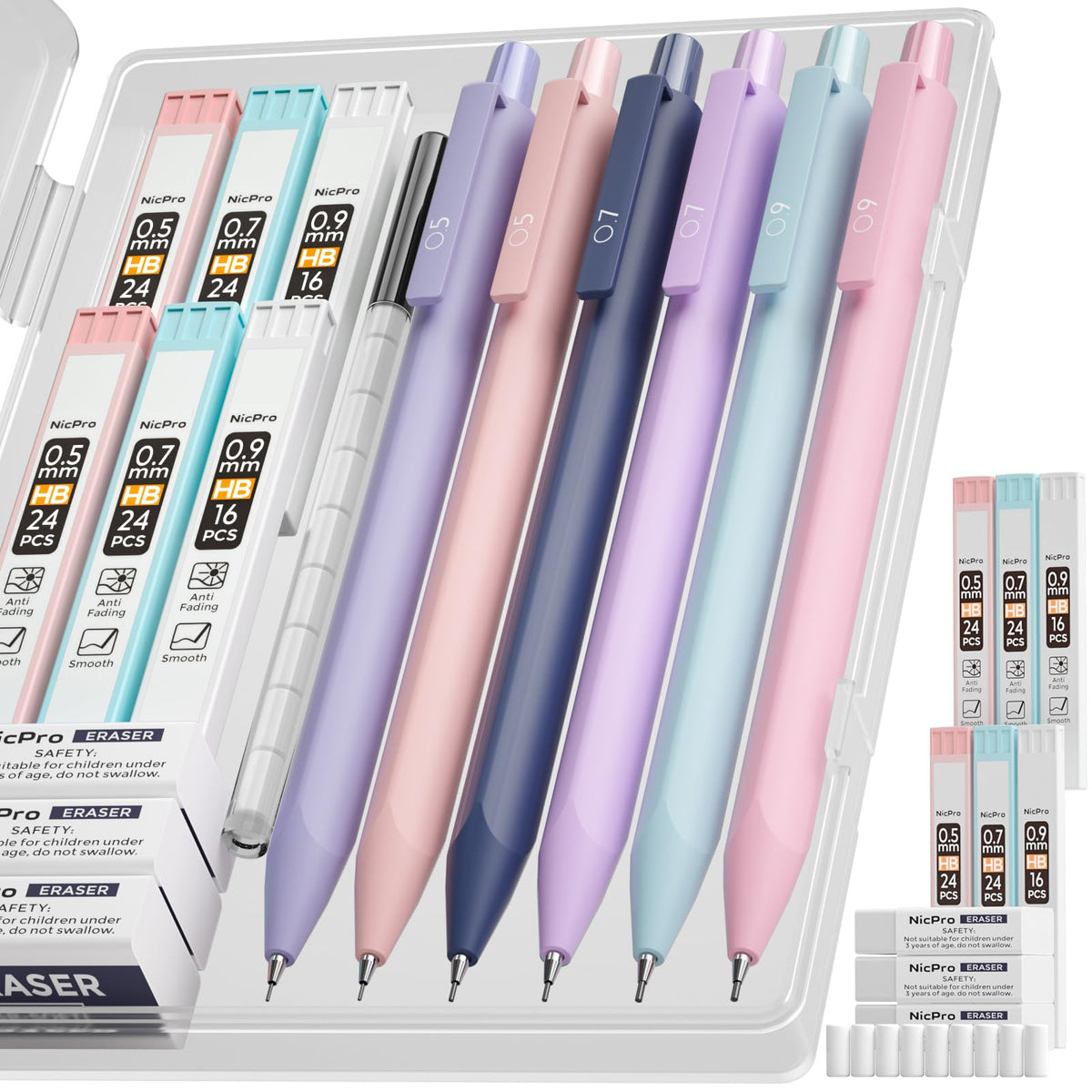 Nicpro Pastel Mechanical Pencil Set, 0.5 & 0.7mm Cute Pencils, Pack of 6